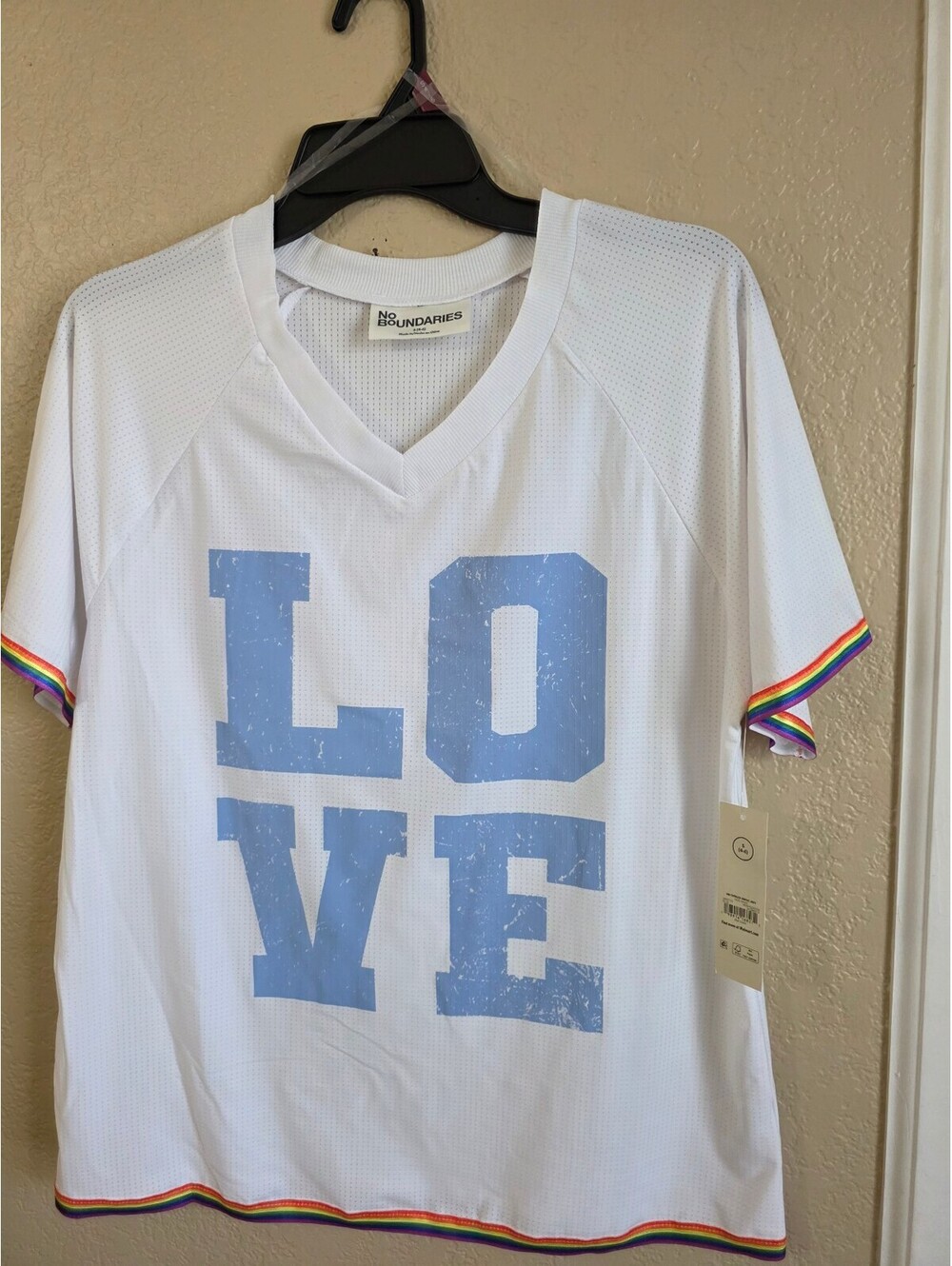 No Boundaries White Mesh Graphic Jersey Shirt with LOVE Print and Rainbow Trim S